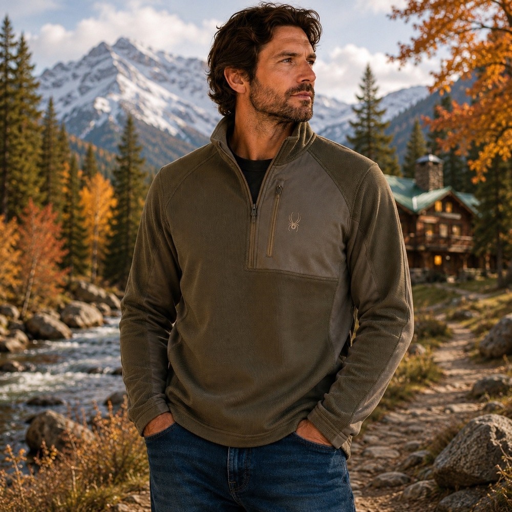 Spyder Men Quarter Zip Pullover Olive Green Waffle Knit Fleece Hiking Ski Outdoo